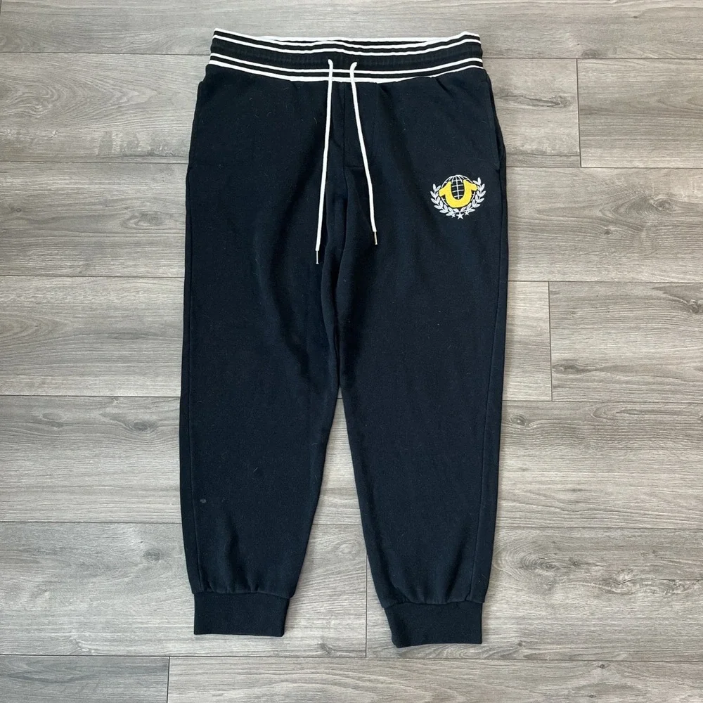 True Religion Mens L Jogger Sweatpants Black Yellow Logo